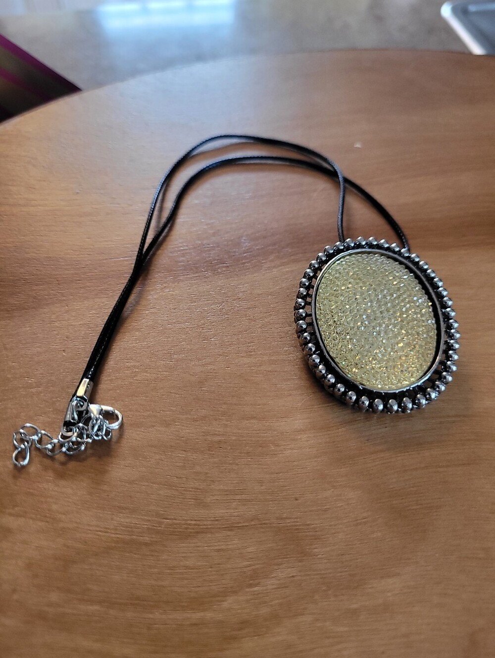 Oval Glass Glitter Gold Pendant Necklace - Black Cord Chain